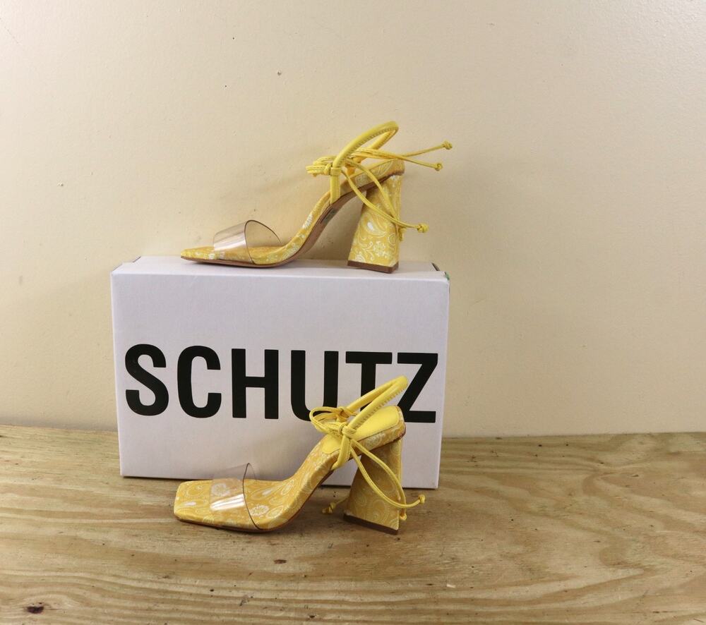 New Schutz Sandals 5B Bright Yellow Paisley Mayla Sandals Triangle Heel Shoes
